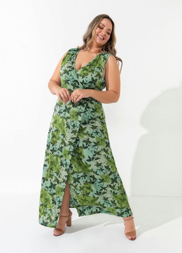 Vestido Folhagem Verde Com Fenda Plus Size Marguerite