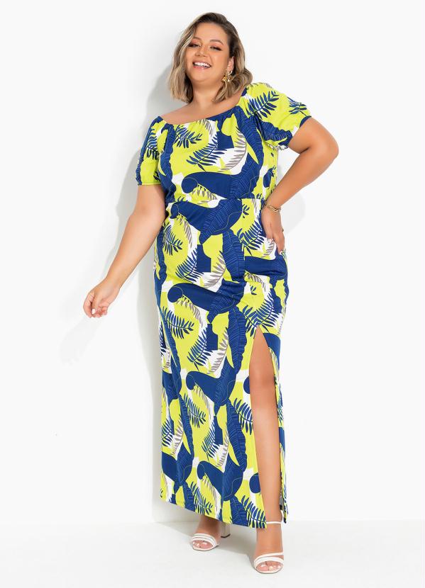 Vestido (Folhas Marinho) Ombro a Ombro Plus Size