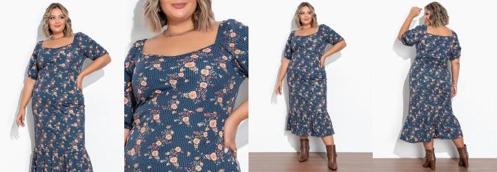 Vestido Geom�trico com Mangas Bufantes Plus Size