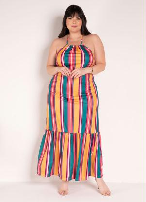 Vestido (Listra Colorida) com Amarra��o Plus Size