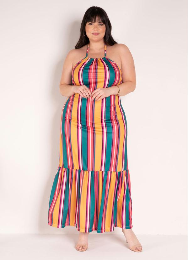 Vestido (Listra Colorida) com Amarra��o Plus Size