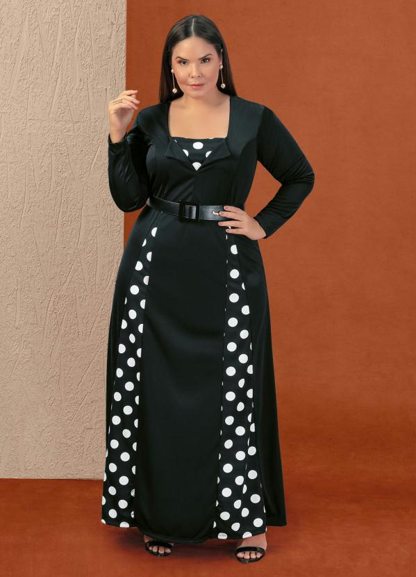 Vestido Longo (Po� e Preto) com Recortes Plus Size