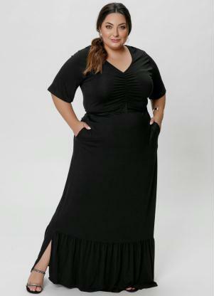 Vestido Plus Size (Preto) com Decote Franzido Vestido Plus Size (Preto) com Decote Franzido