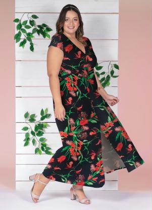 Vestido Transpassado (Floral Preto) Plus Size