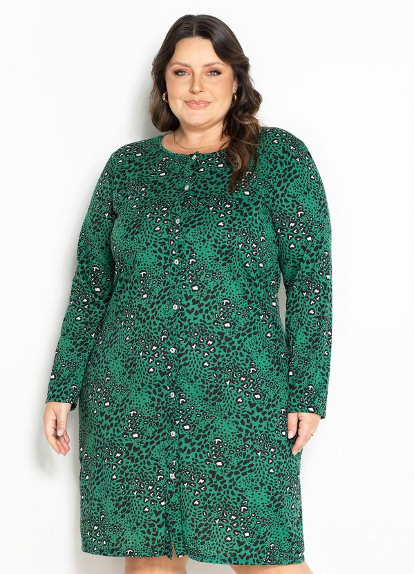 Vestido (Animal Print Verde) com Bot�es Plus Size