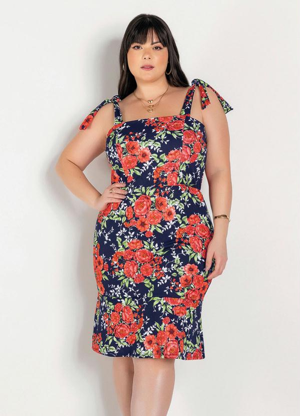 Vestido (Floral Marinho) com Amarra��o Plus Size