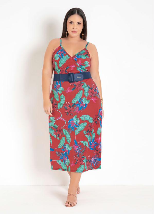 Vestido (Floral Vermelho) com Transpasse Plus Size