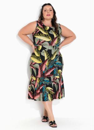 Vestido (Folhas Preto) com Franzido Plus Size