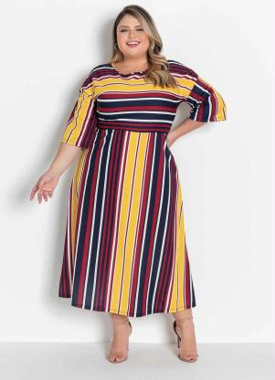 Vestido (Listrado) com Mangas e El�stico Plus Size