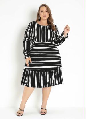 Vestido (Listrado Preto) com Recortes Plus Size