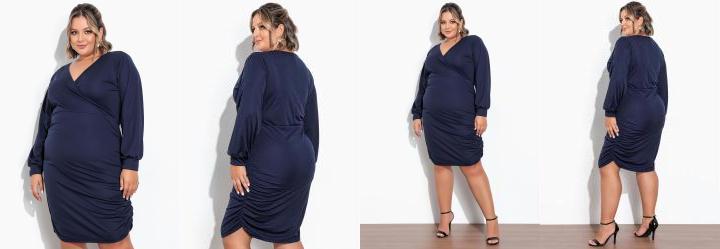 Vestido Marinho com Franzidos Laterais Plus Size