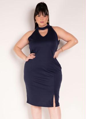 Vestido (Marinho) com Vazado no Decote Plus Size