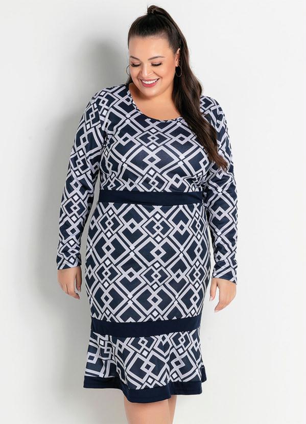 Vestido Midi (Geom�trico Azul) Plus Size
