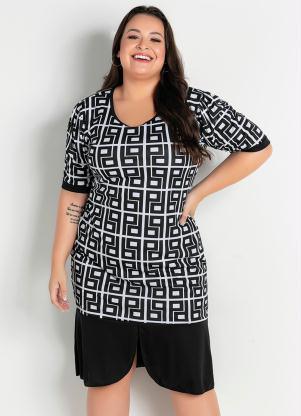 Vestido Midi (Geom�trico e Preto) Plus Size