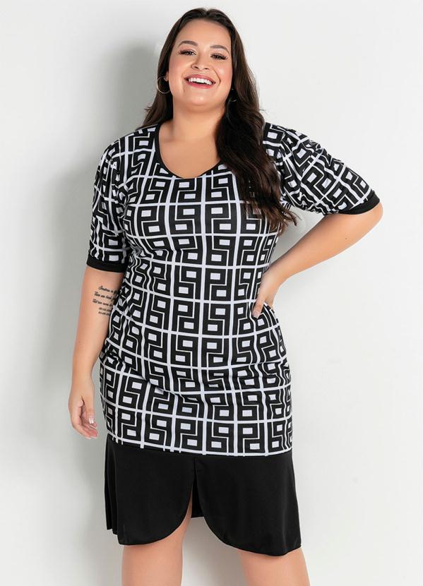 Vestido Midi (Geom�trico e Preto) Plus Size