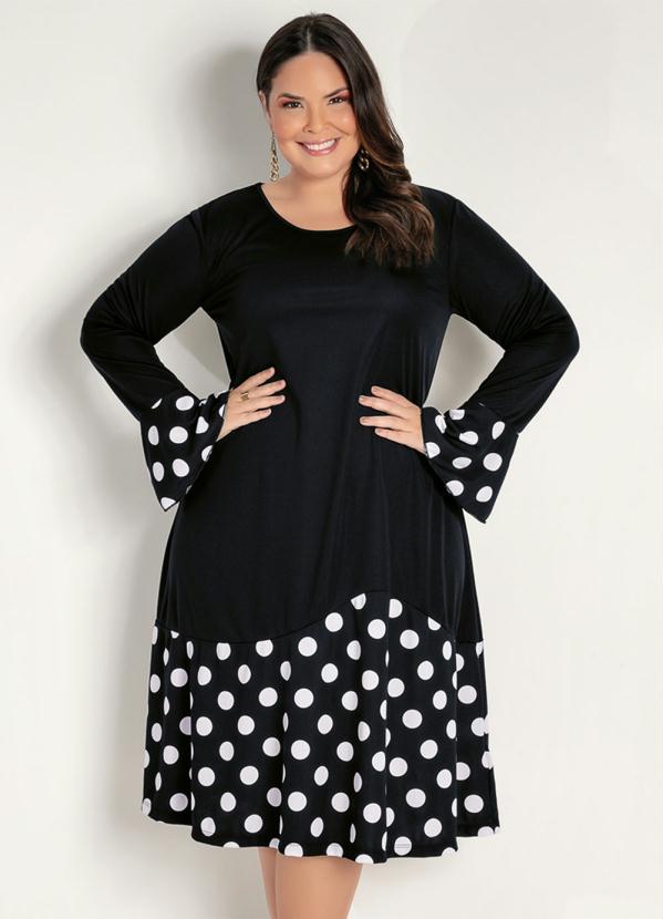 Vestido Midi (Po� e Preto) com Babados Plus Size