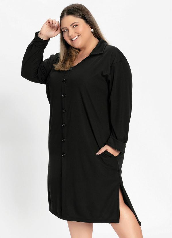 Vestido Midi (Preto) com Mangas Longas Plus Size