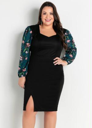 Vestido Midi (Preto e Floral) com Fenda Plus Size