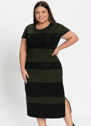 Vestido Midi (Verde e Preto) Recortes Plus Size