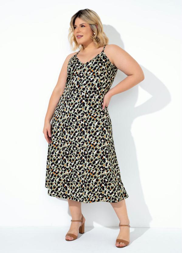 Vestido (On�a Verde) com Fenda Plus Size