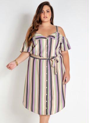 Vestido Plus Size (Listrado) com Bot�es e Faixa