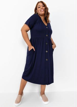 Vestido Plus Size (Marinho) com Botões Decorativos Vestido Plus Size (Marinho) com Botões Decorativos