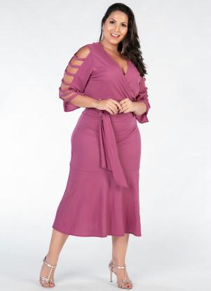 Vestido Plus Size (Rosa) Mangas Vazadas Vestido Plus Size (Rosa) Mangas Vazadas