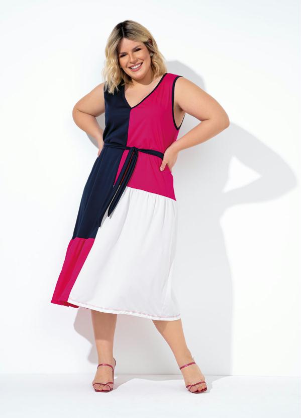 Vestido (Tricolor) com Faixa Gr�tis Plus Size