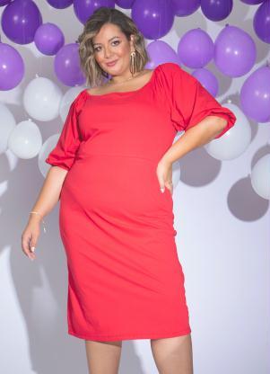 Vestido (Vermelho) Mangas Bufantes Plus Size