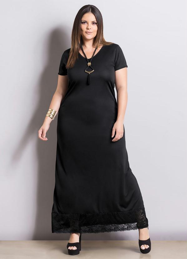 vestido longo com barra de renda