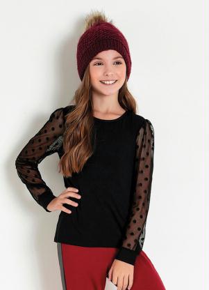Blusa Infantil (Preta) com Mangas de Tule Poá Blusa Infantil (Preta) com Mangas de Tule Poá