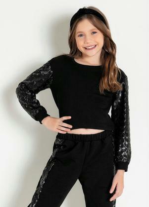Casaco de Moletom Infantil (Preto) com Paet�