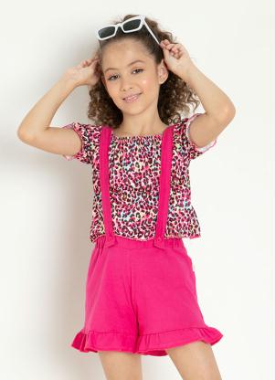 Conjunto Infantil Blusa (On�a) e Jardineira (Pink)