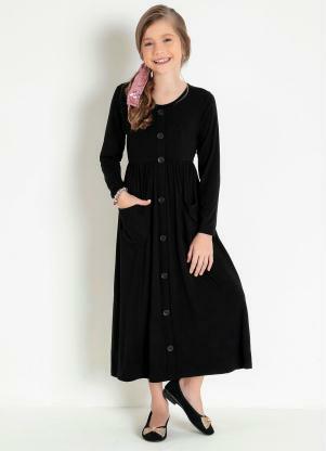 Vestido Infantil (Preto) com Bot�es e Bolsos