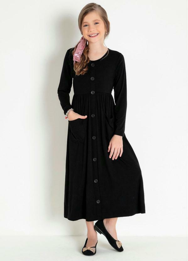 Vestido Infantil (Preto) com Bot�es e Bolsos