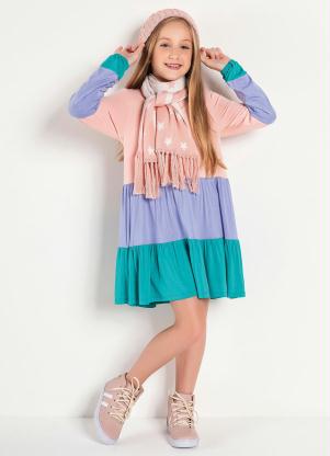 Vestido Infantil (Rosa/Lil�s/Verde) com Camadas
