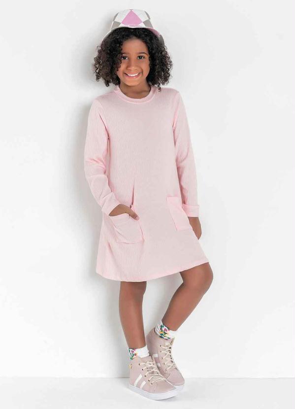 Vestido Infantil (Rosa) Mangas Longas e Bolsos