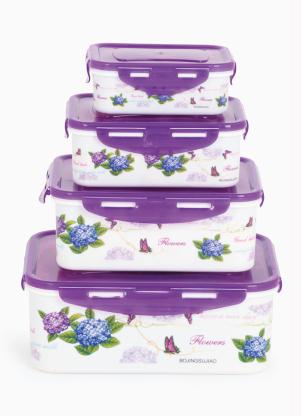 Kit Potes Retangulares Floral (Roxo) 4 Pe�as